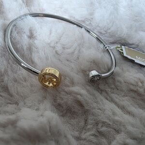 NWT Michael Kors Two-Tone MK Logo Crystal Cuff Bangle Bracelet